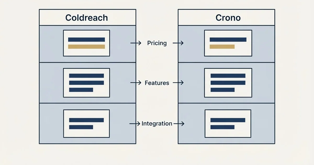 Comparison panel: Coldreach vs Crono (Pricing, Features, Integration)