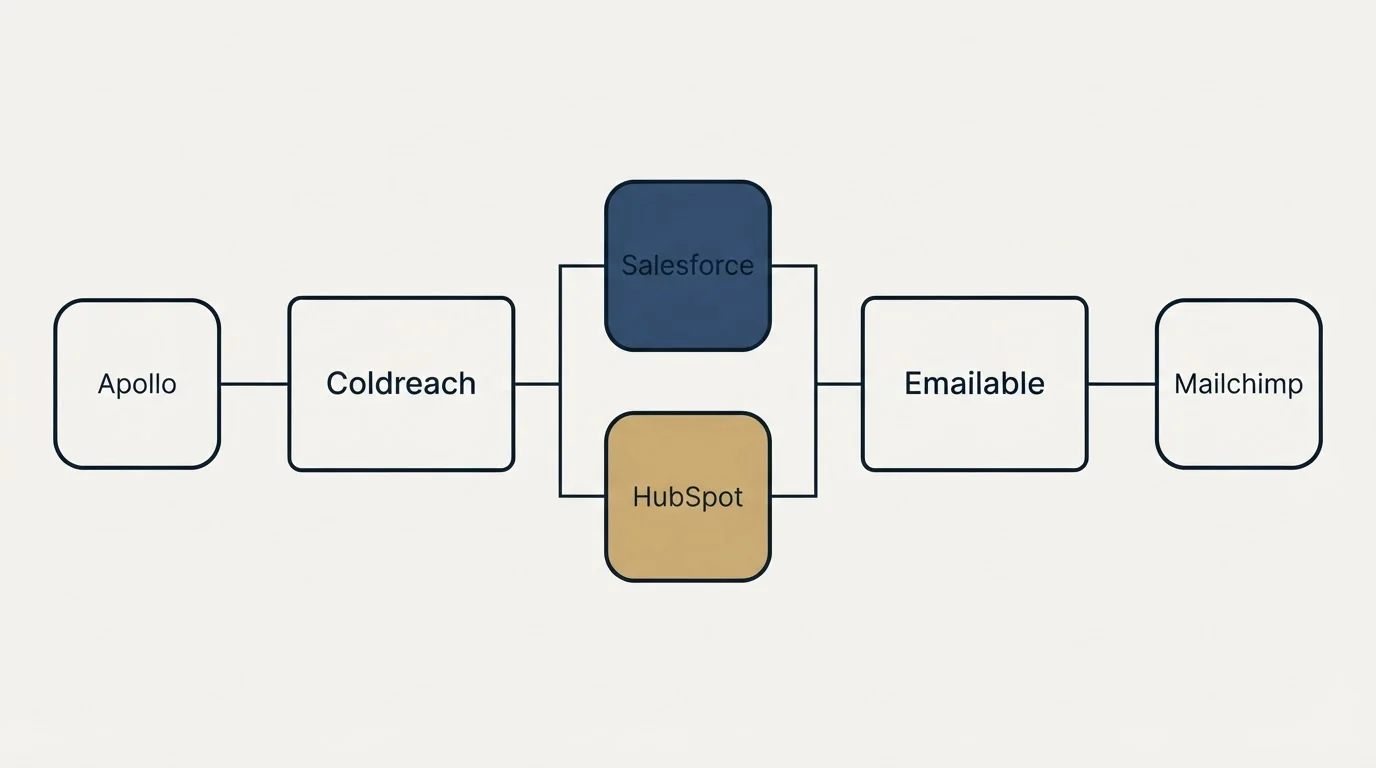 Integration flow: Integration Ecosystem (Coldreach, Emailable, Salesforce, HubSpot)