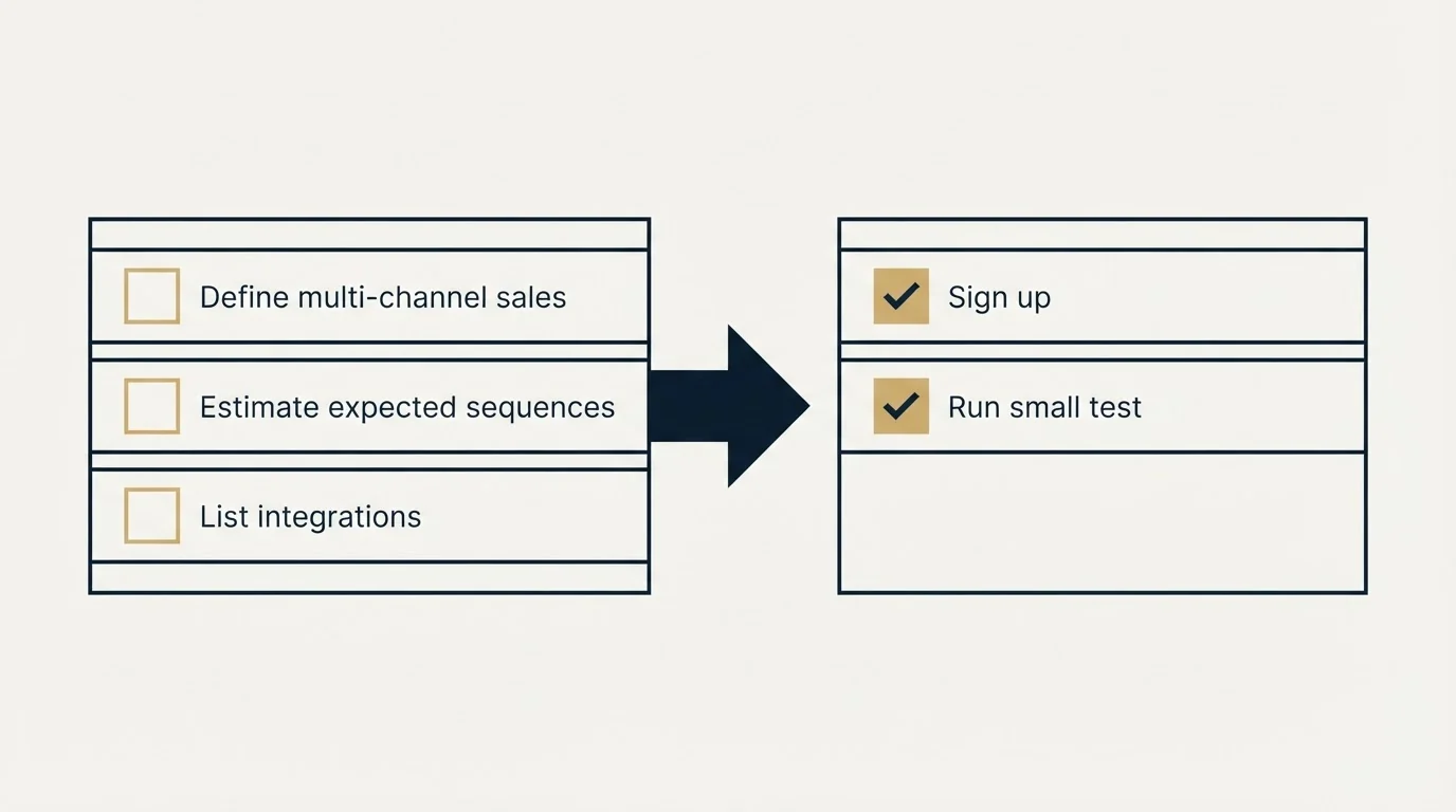 Before-and-after steps: Getting Started Checklist (Define multi-channel sales, Estimate expected sequences, List integrations, Sign up)
