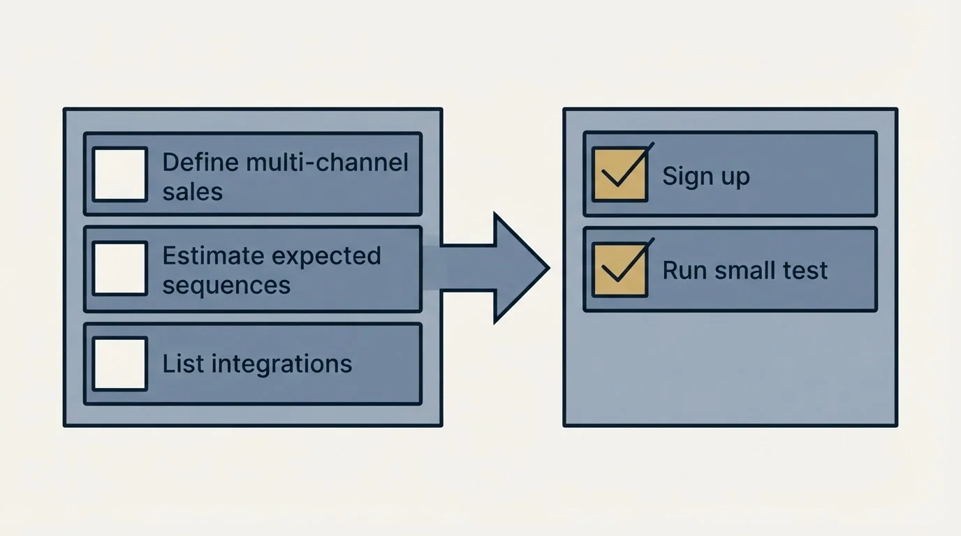 Before-and-after steps: Getting Started Checklist (Define multi-channel sales, Estimate expected sequences, List integrations, Sign up)