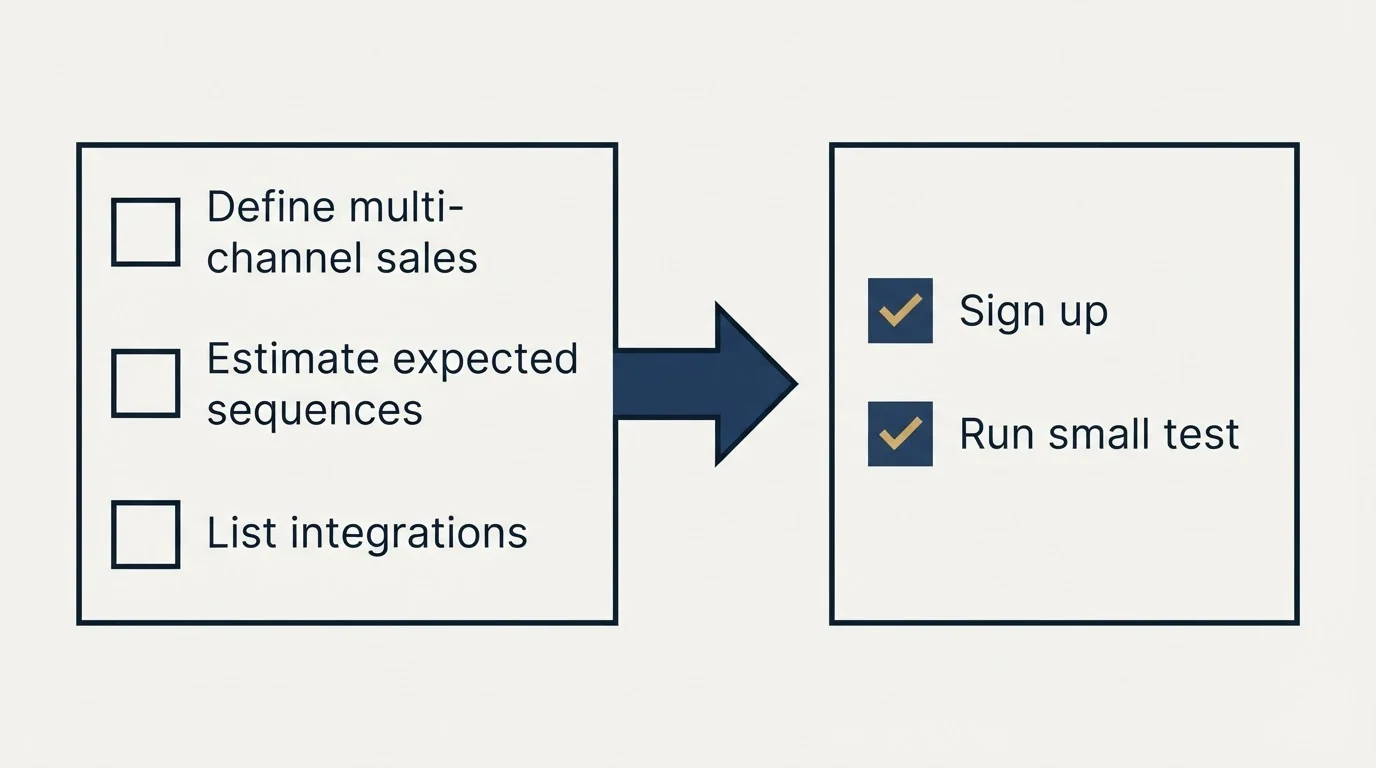 Before-and-after steps: Getting Started Checklist (Define multi-channel sales, Estimate expected sequences, List integrations, Sign up)