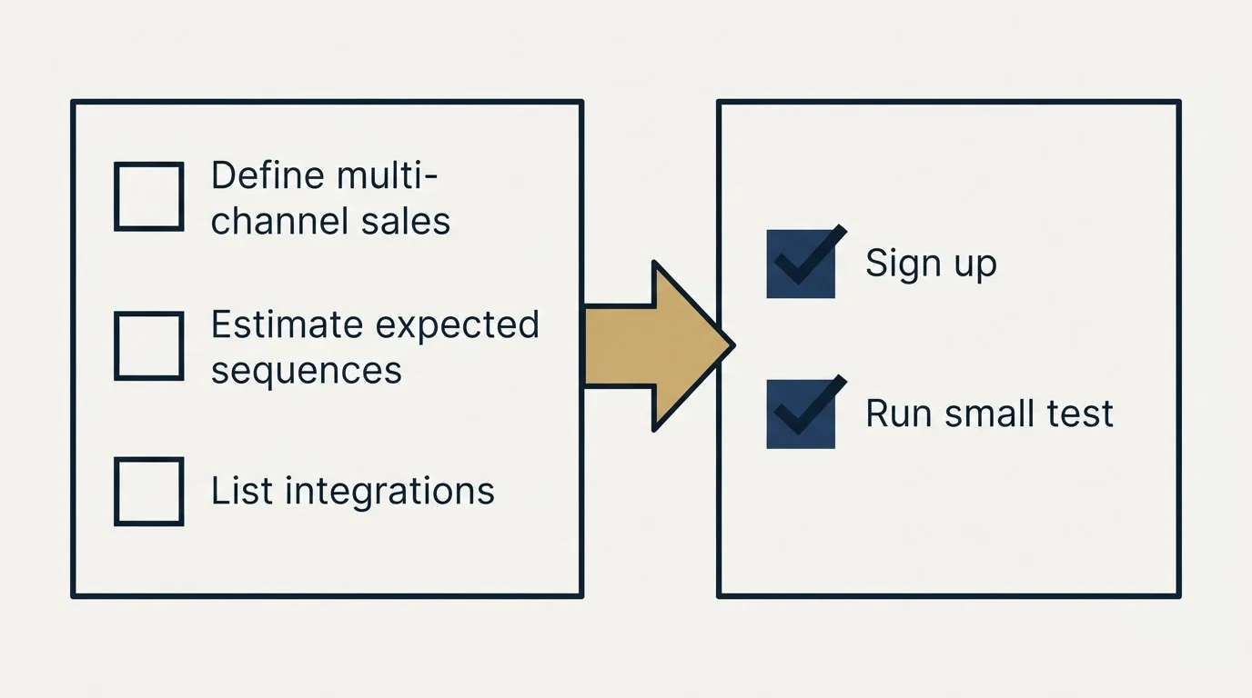 Before-and-after steps: Getting Started Checklist (Define multi-channel sales, Estimate expected sequences, List integrations, Sign up)