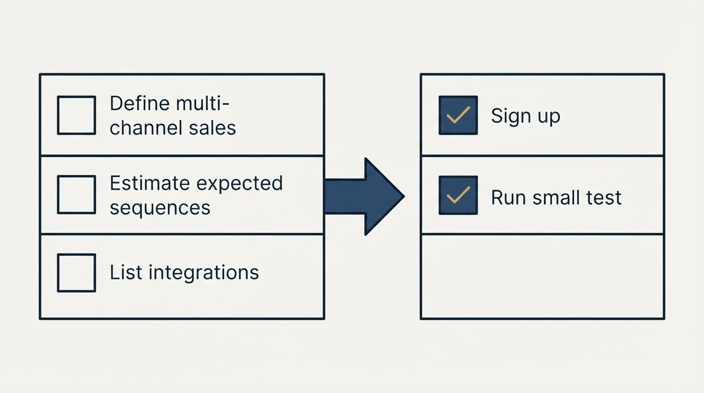 Before-and-after steps: Getting Started Checklist (Define multi-channel sales, Estimate expected sequences, List integrations, Sign up)