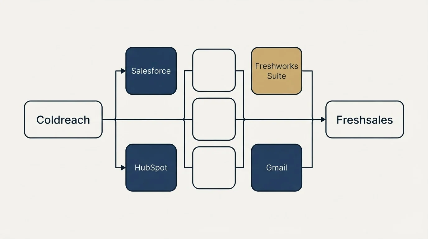 Integration flow: Integration Ecosystem (Coldreach, Freshsales, Salesforce, Freshworks Suite)