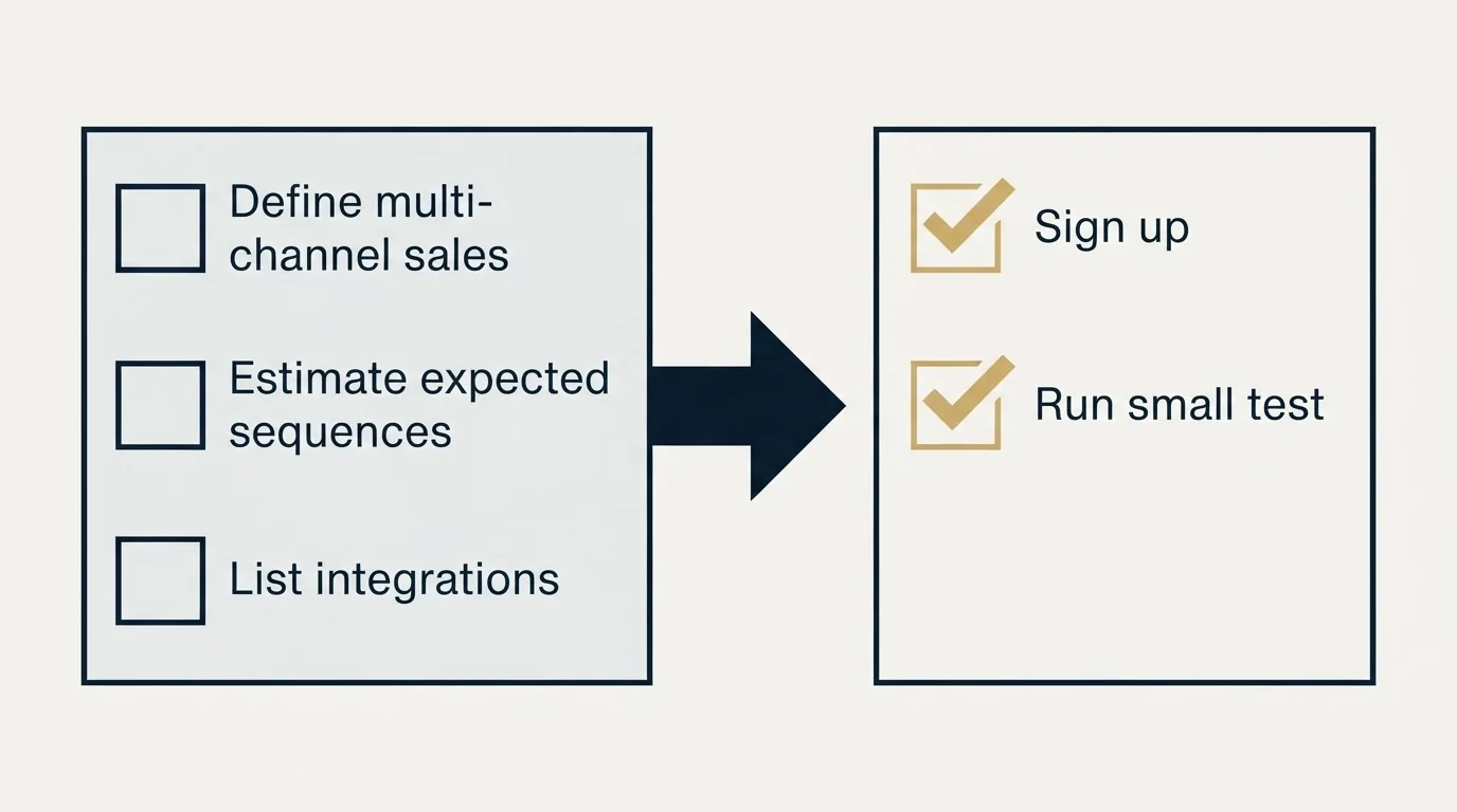 Before-and-after steps: Getting Started Checklist (Define multi-channel sales, Estimate expected sequences, List integrations, Sign up)