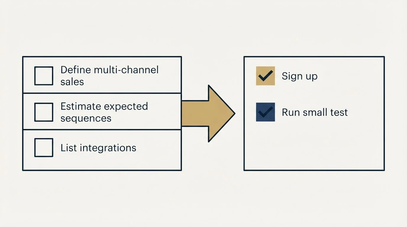 Before-and-after steps: Getting Started Checklist (Define multi-channel sales, Estimate expected sequences, List integrations, Sign up)
