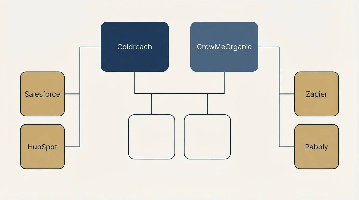 Integration grid: Integration Ecosystem (Coldreach, GrowMeOrganic, Salesforce, Zapier)