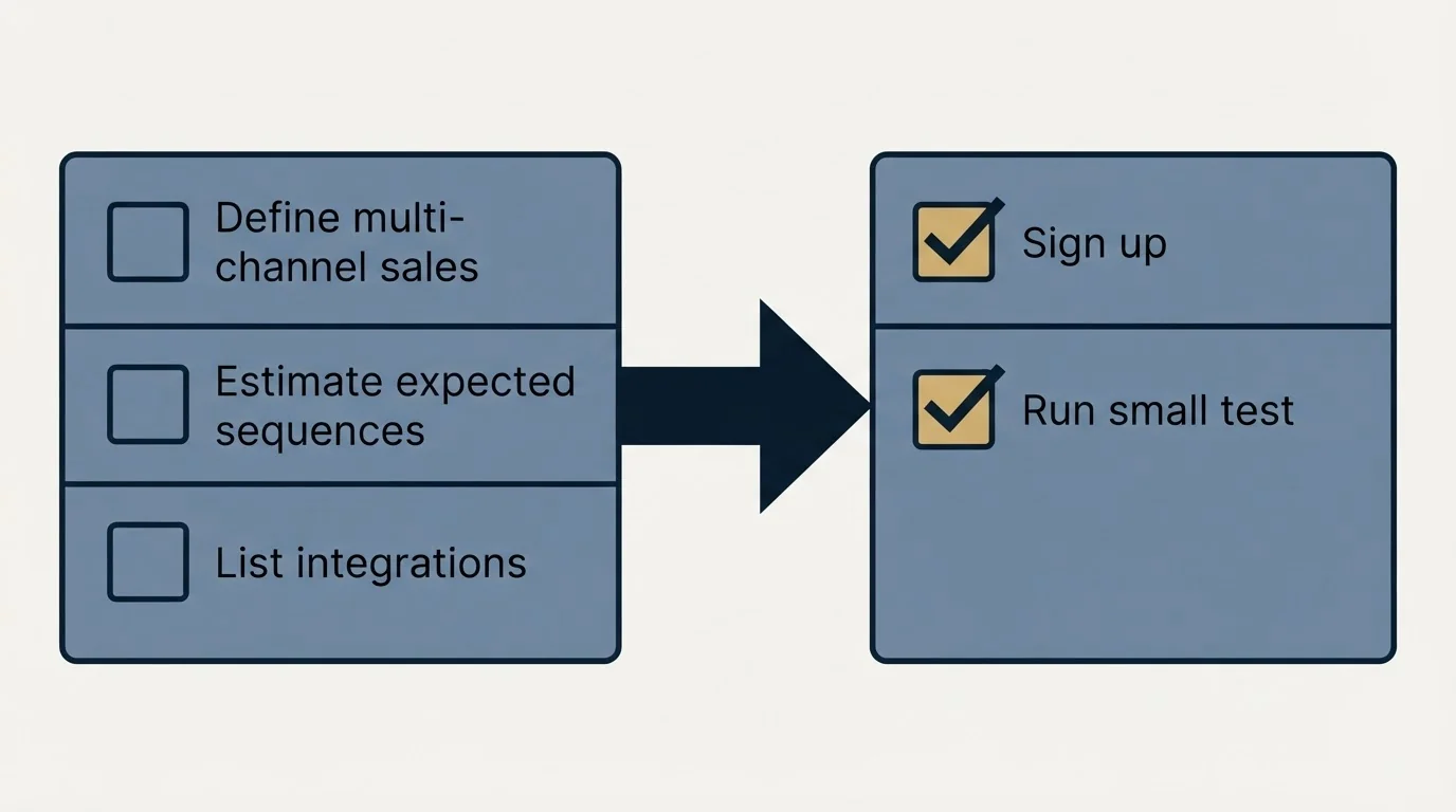 Before-and-after steps: Getting Started Checklist (Define multi-channel sales, Estimate expected sequences, List integrations, Sign up)