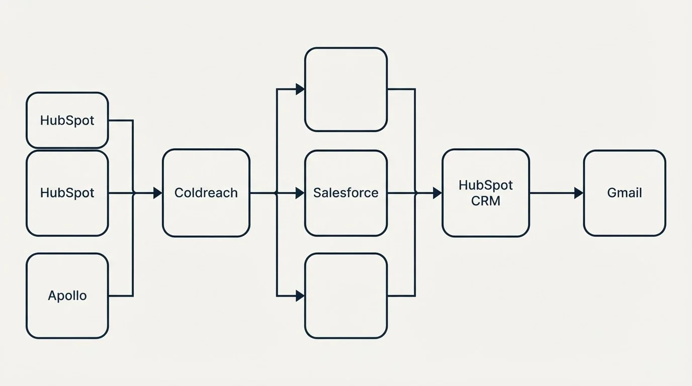 Integration flow: Integration Ecosystem (Coldreach, HubSpot CRM, Salesforce, HubSpot)