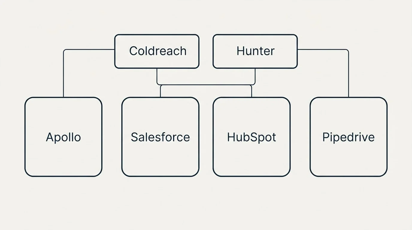 Integration grid: Integration Ecosystem (Coldreach, Hunter, Salesforce, HubSpot)