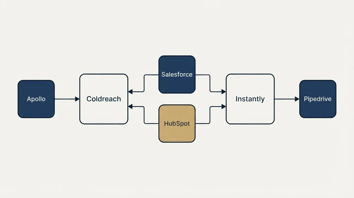 Integration schematic: Integration Ecosystem (Coldreach, Instantly, Salesforce, HubSpot)