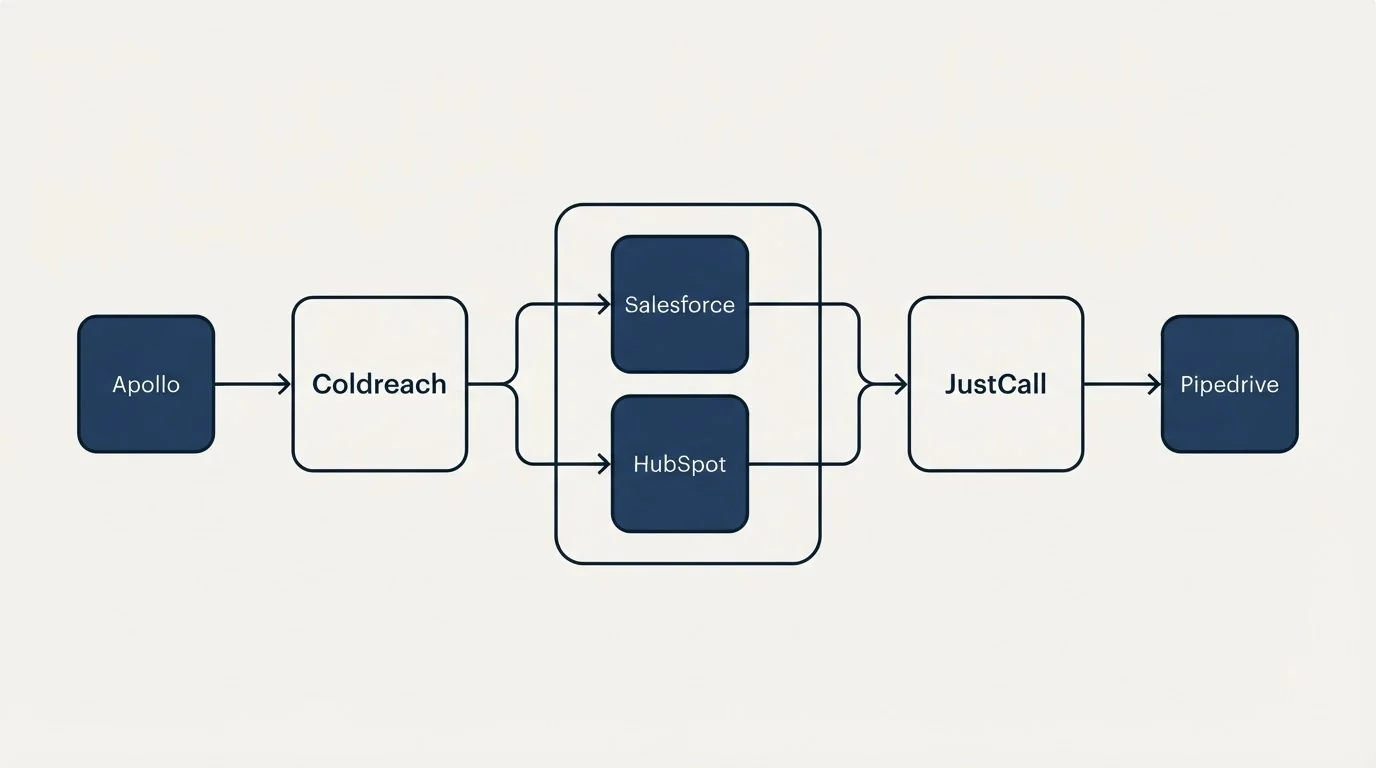 Integration schematic: Integration Ecosystem (Coldreach, JustCall, Salesforce, HubSpot)