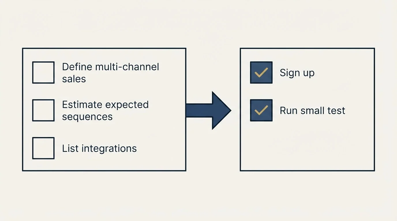 Before-and-after steps: Getting Started Checklist (Define multi-channel sales, Estimate expected sequences, List integrations, Sign up)