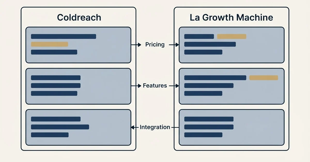 Comparison panel: Coldreach vs La Growth Machine (Pricing, Features, Integration)