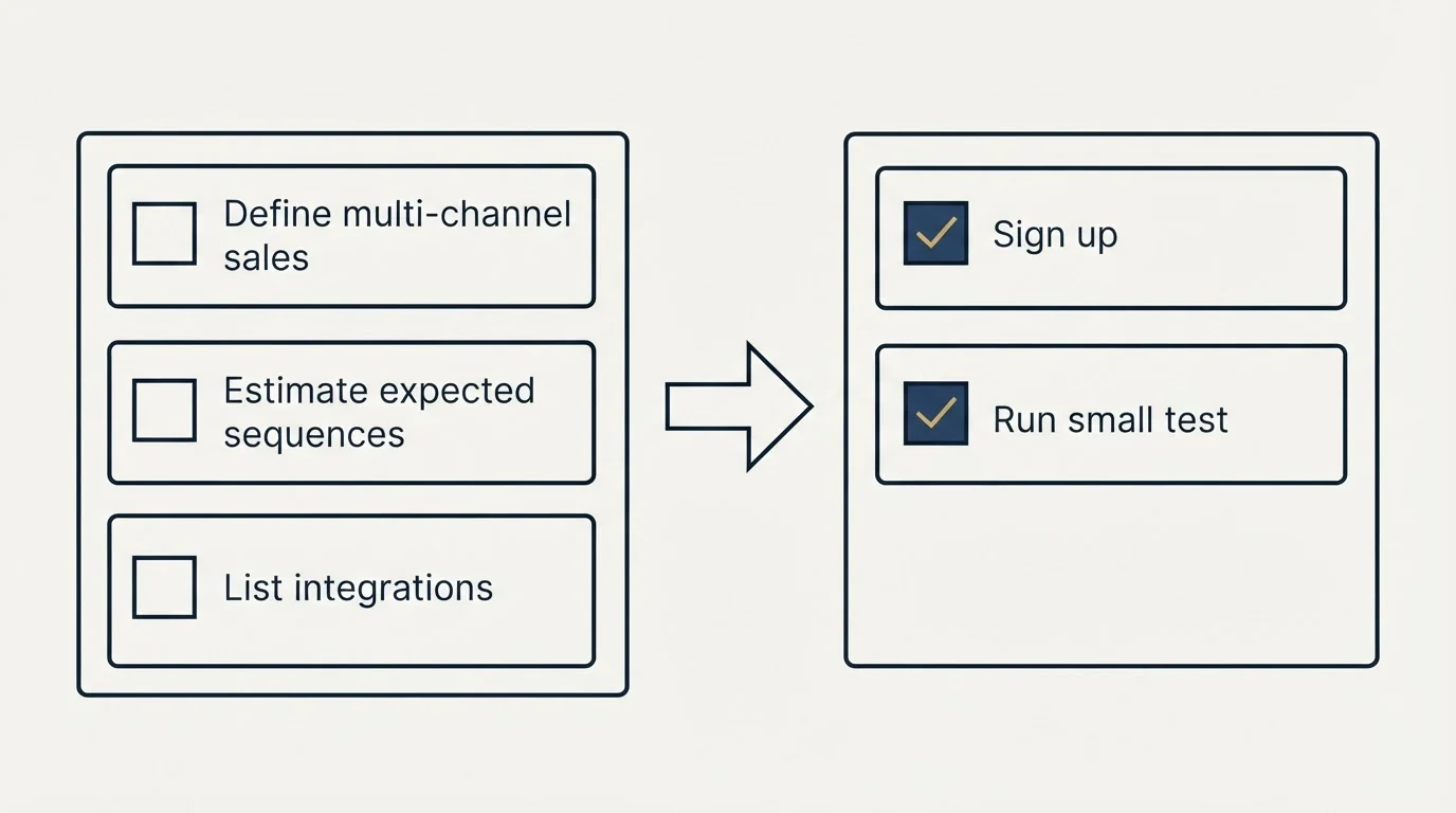 Before-and-after steps: Getting Started Checklist (Define multi-channel sales, Estimate expected sequences, List integrations, Sign up)