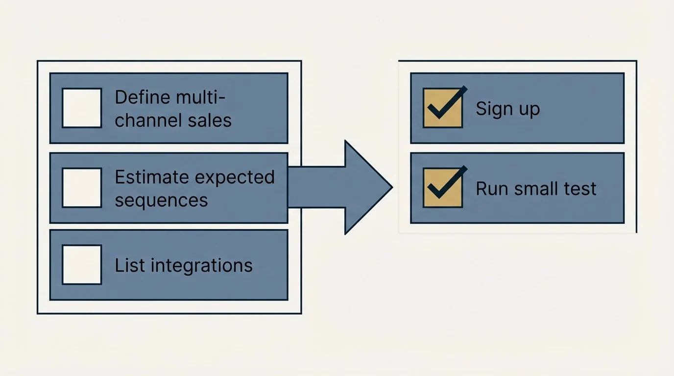 Before-and-after steps: Getting Started Checklist (Define multi-channel sales, Estimate expected sequences, List integrations, Sign up)