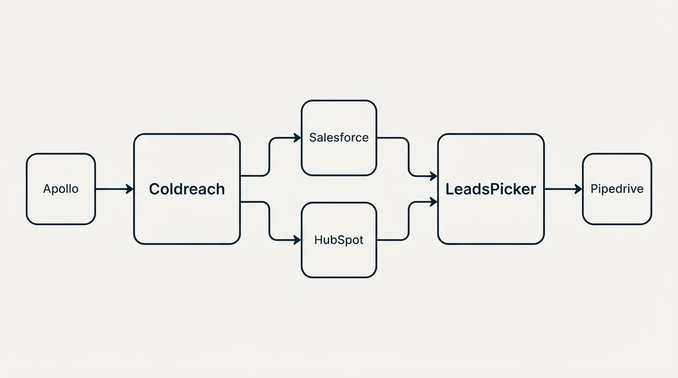 Integration schematic: Integration Ecosystem (Coldreach, LeadsPicker, Salesforce, HubSpot)