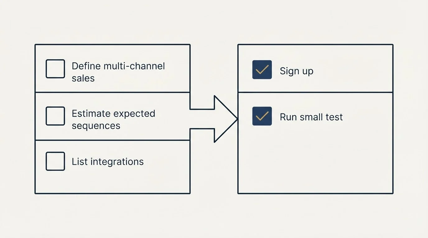 Before-and-after steps: Getting Started Checklist (Define multi-channel sales, Estimate expected sequences, List integrations, Sign up)