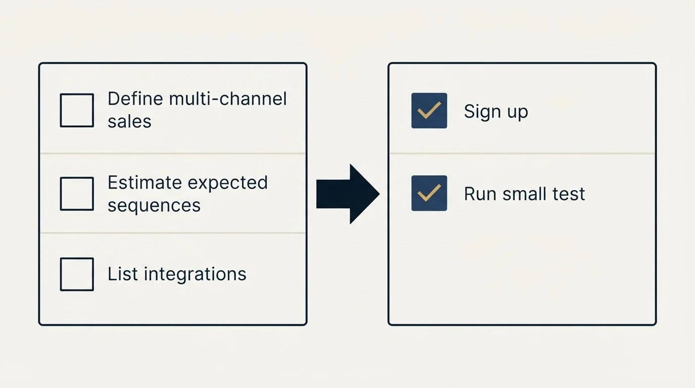 Before-and-after steps: Getting Started Checklist (Define multi-channel sales, Estimate expected sequences, List integrations, Sign up)