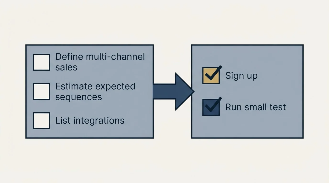 Before-and-after steps: Getting Started Checklist (Define multi-channel sales, Estimate expected sequences, List integrations, Sign up)
