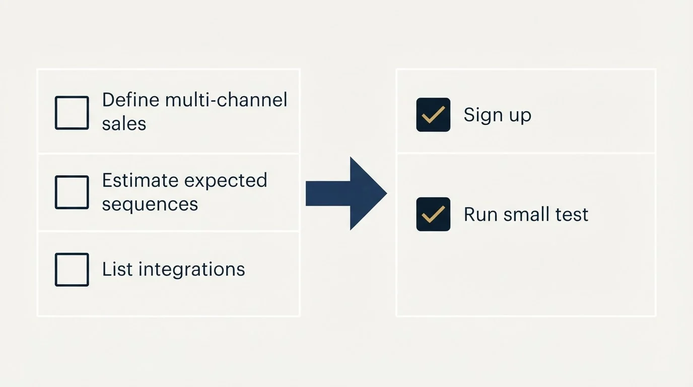 Before-and-after steps: Getting Started Checklist (Define multi-channel sales, Estimate expected sequences, List integrations, Sign up)