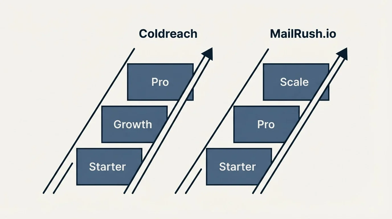 Pricing ladder: Pricing Comparison (Coldreach, MailRush.io, Starter, Growth)