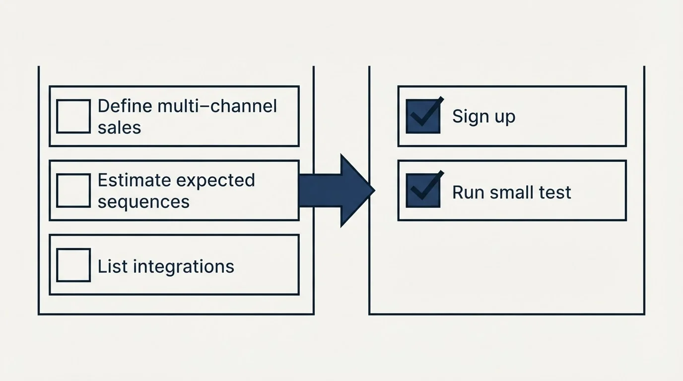 Before-and-after steps: Getting Started Checklist (Define multi-channel sales, Estimate expected sequences, List integrations, Sign up)