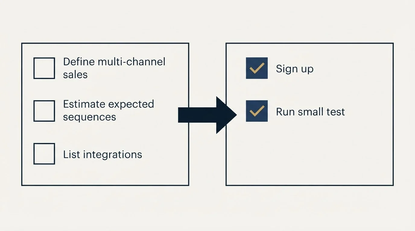 Before-and-after steps: Getting Started Checklist (Define multi-channel sales, Estimate expected sequences, List integrations, Sign up)