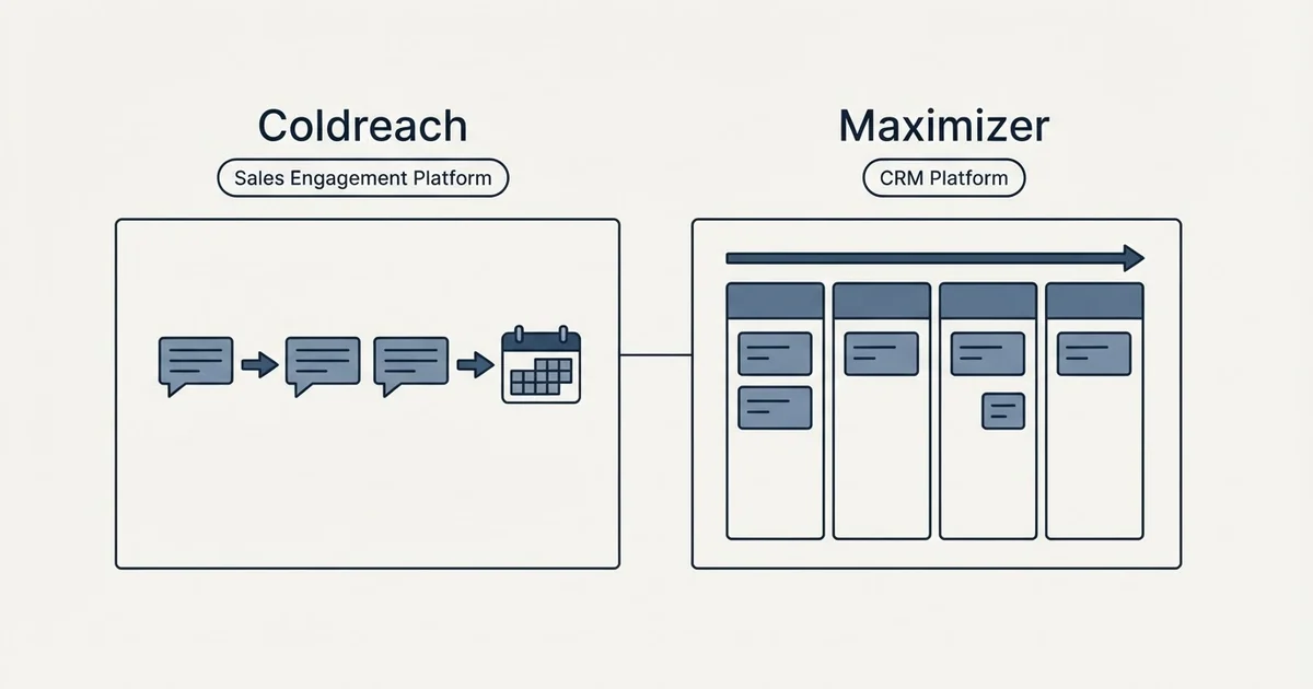 Side-by-side panels: Coldreach vs Maximizer (Sales Engagement Platform, CRM Platform)