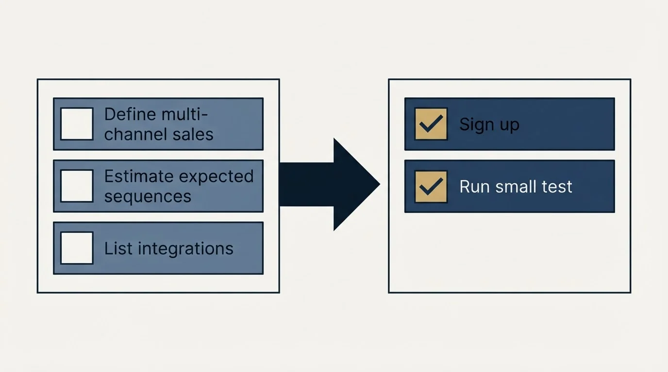 Before-and-after steps: Getting Started Checklist (Define multi-channel sales, Estimate expected sequences, List integrations, Sign up)