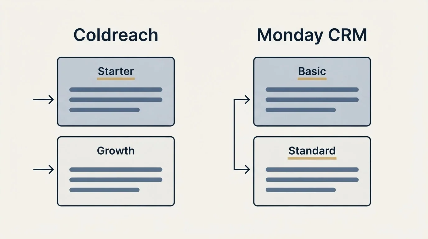 Pricing panels: Pricing Comparison (Coldreach, Monday CRM, Starter, Basic)