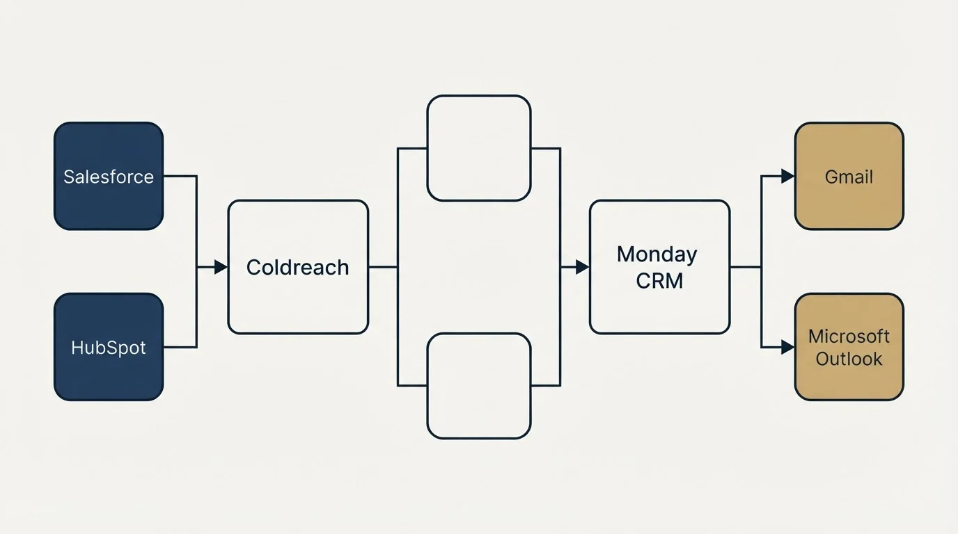 Integration flow: Integration Ecosystem (Coldreach, Monday CRM, Salesforce, Gmail)