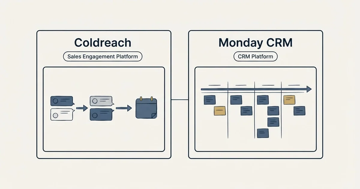 Side-by-side panels: Coldreach vs Monday CRM (Sales Engagement Platform, CRM Platform)
