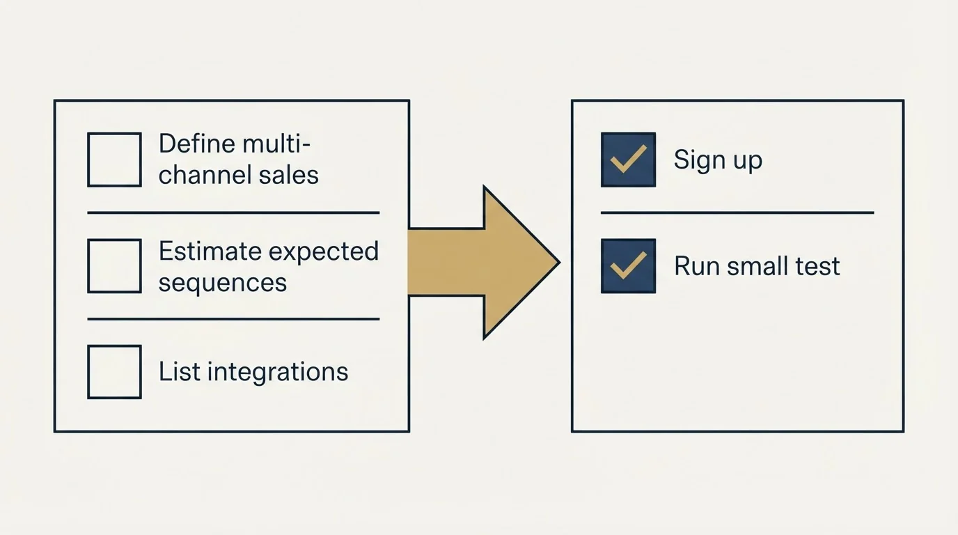 Before-and-after steps: Getting Started Checklist (Define multi-channel sales, Estimate expected sequences, List integrations, Sign up)