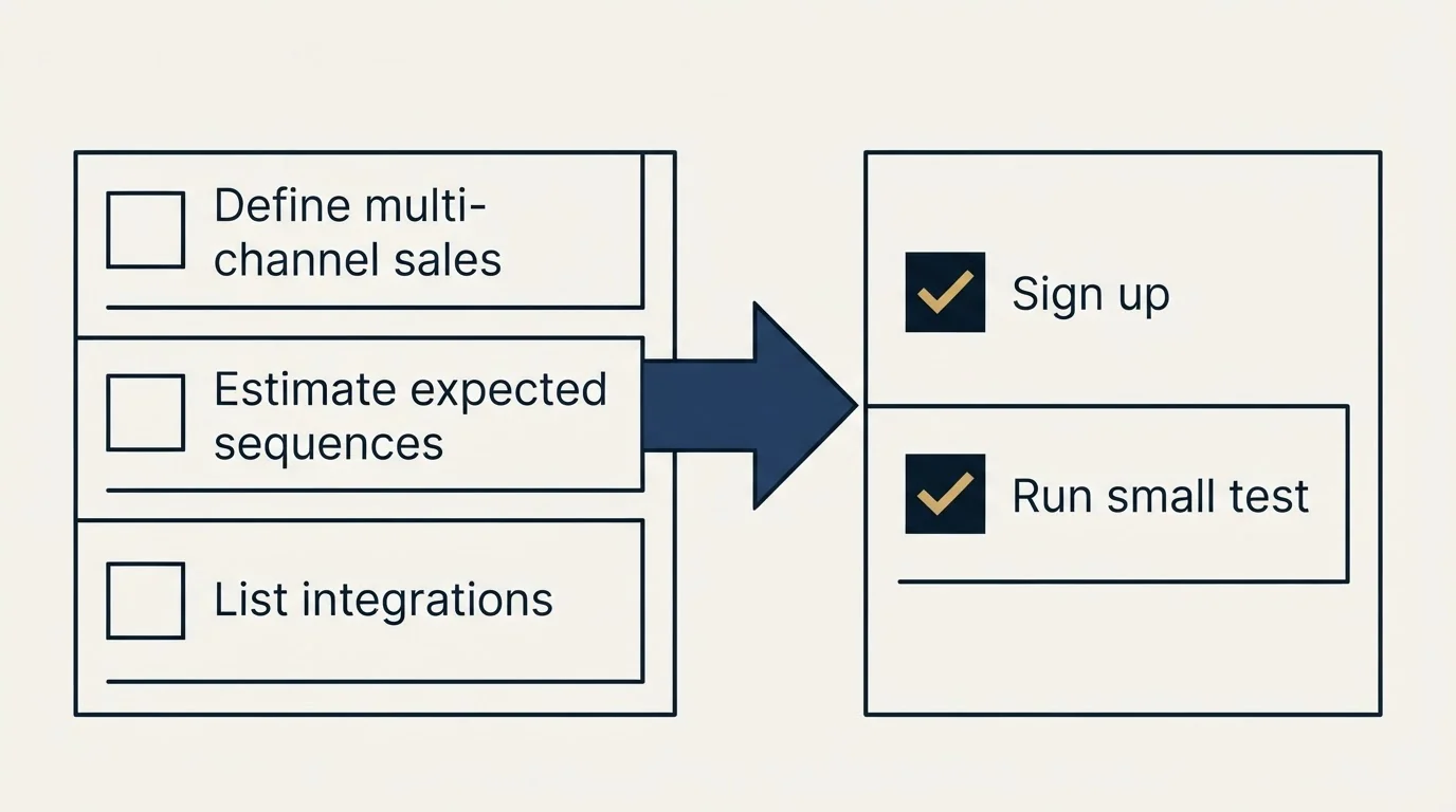 Before-and-after steps: Getting Started Checklist (Define multi-channel sales, Estimate expected sequences, List integrations, Sign up)