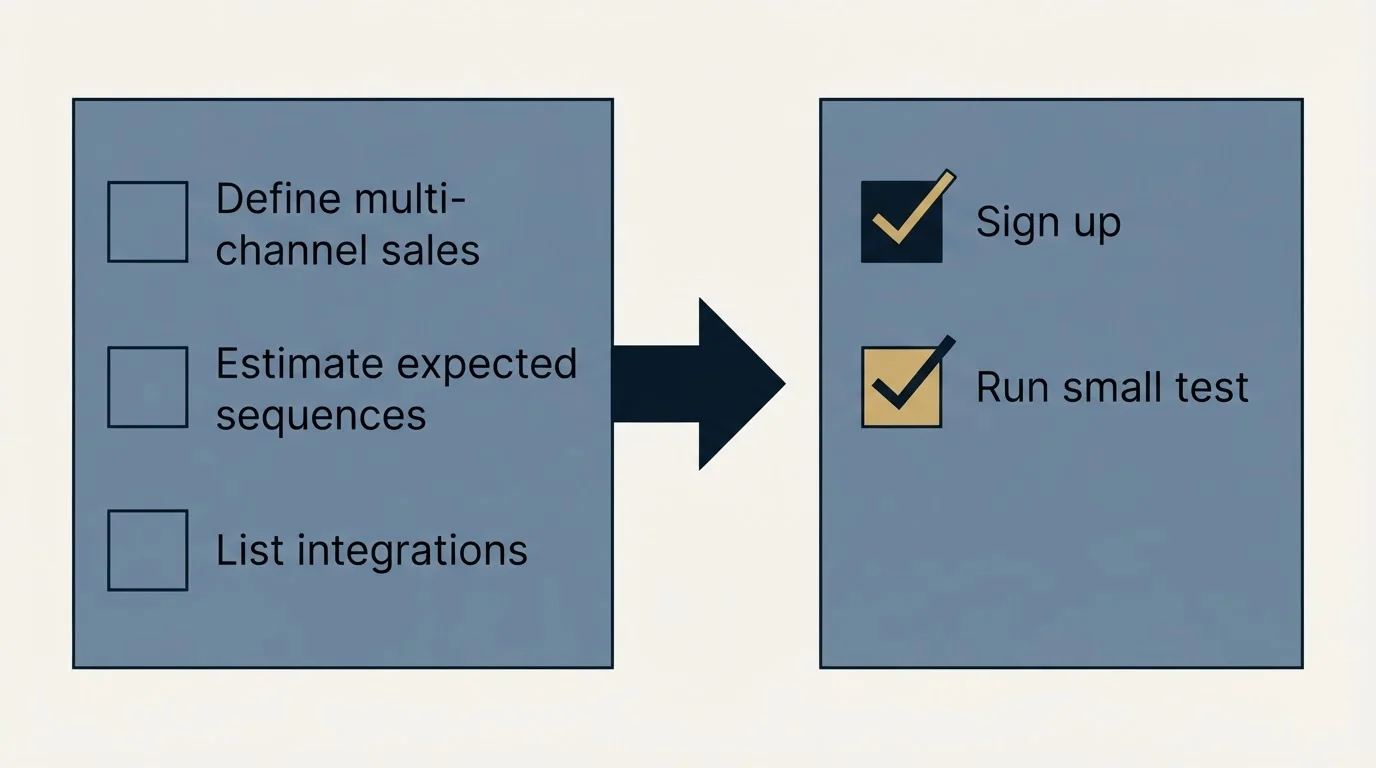 Before-and-after steps: Getting Started Checklist (Define multi-channel sales, Estimate expected sequences, List integrations, Sign up)