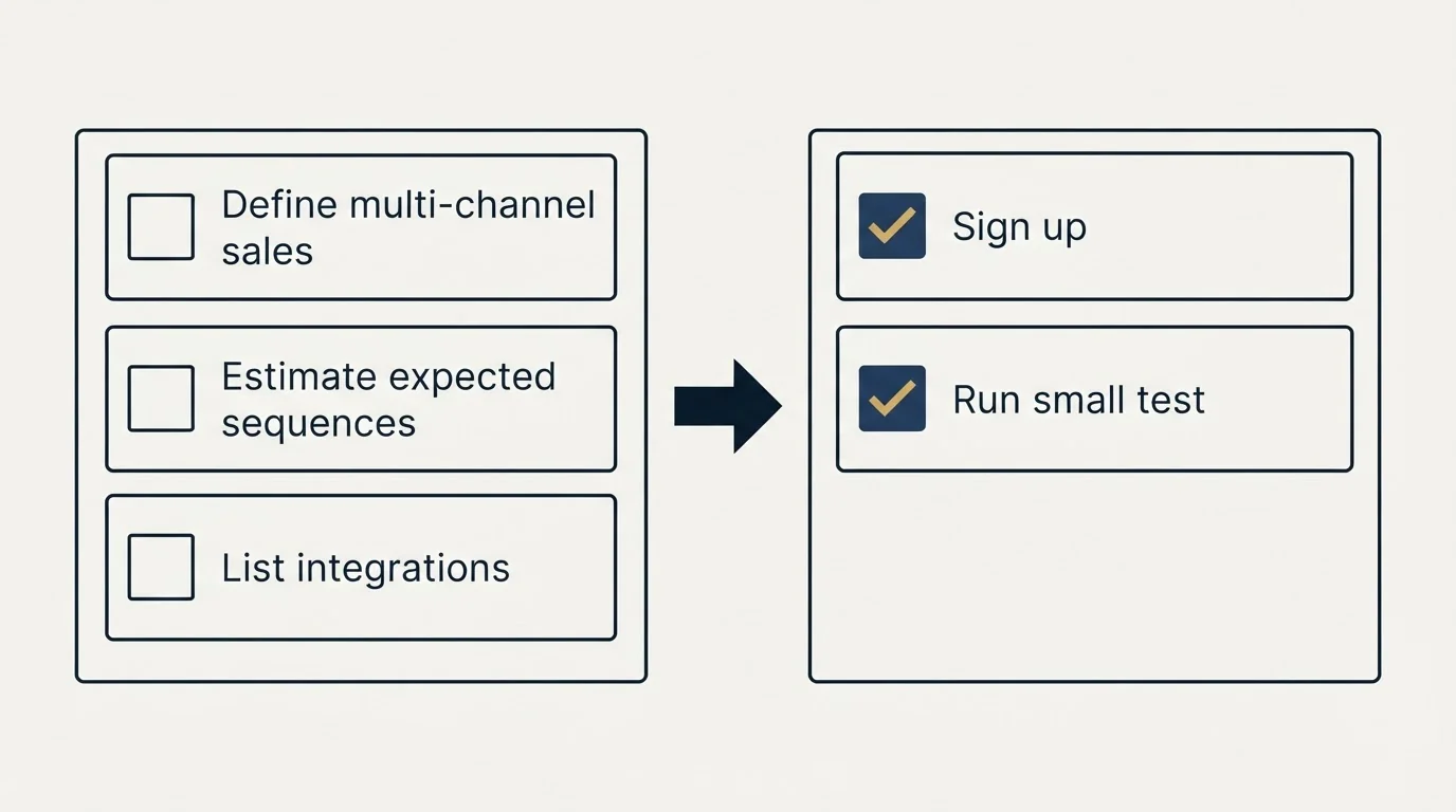 Before-and-after steps: Getting Started Checklist (Define multi-channel sales, Estimate expected sequences, List integrations, Sign up)