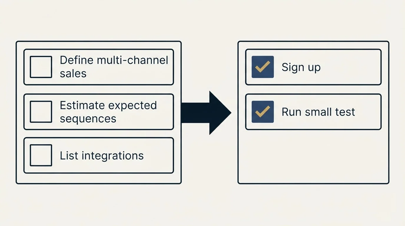 Before-and-after steps: Getting Started Checklist (Define multi-channel sales, Estimate expected sequences, List integrations, Sign up)