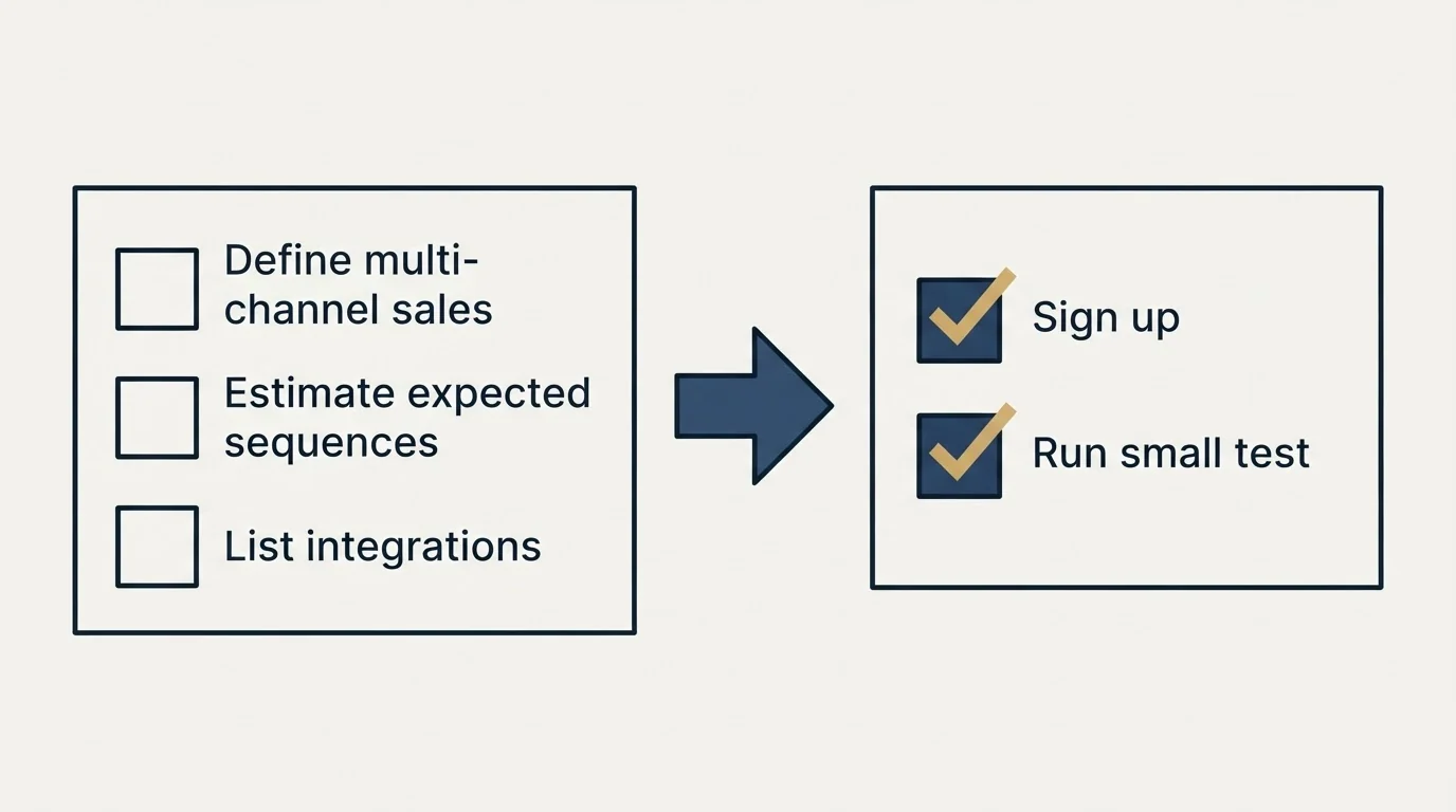 Before-and-after steps: Getting Started Checklist (Define multi-channel sales, Estimate expected sequences, List integrations, Sign up)