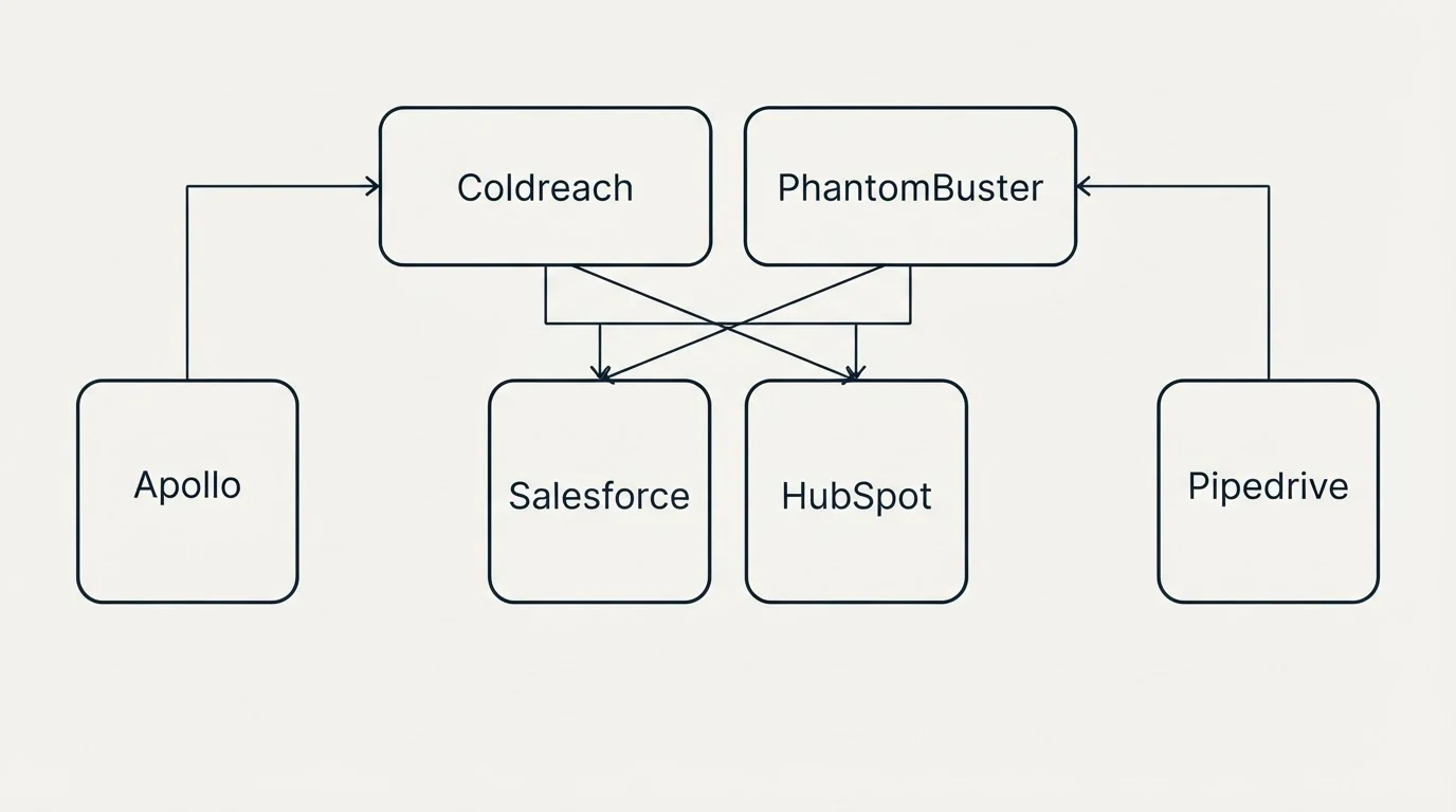 Integration grid: Integration Ecosystem (Coldreach, PhantomBuster, Salesforce, HubSpot)
