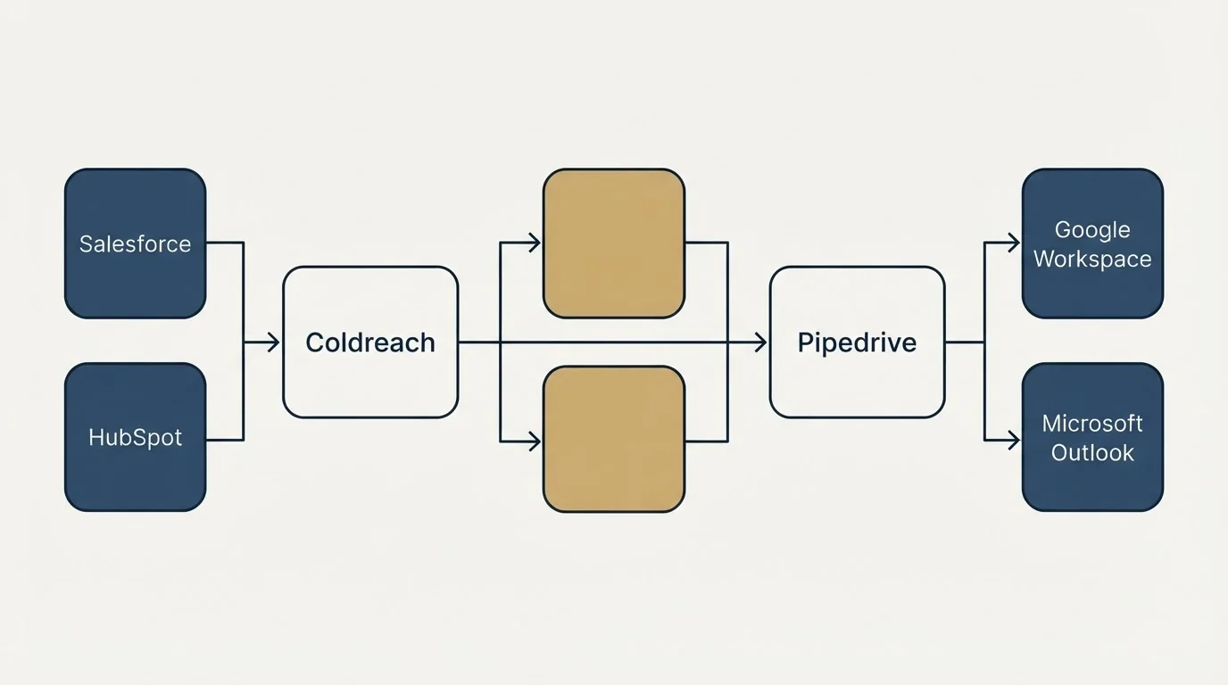 Integration flow: Integration Ecosystem (Coldreach, Pipedrive, Salesforce, Google Workspace)