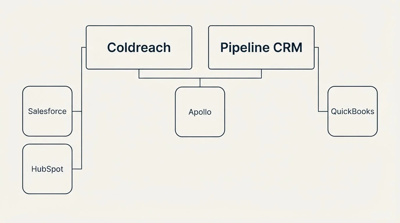 Integration grid: Integration Ecosystem (Coldreach, Pipeline CRM, Apollo, Salesforce)