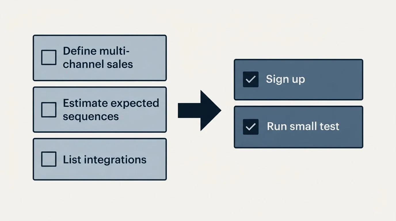 Before-and-after steps: Getting Started Checklist (Define multi-channel sales, Estimate expected sequences, List integrations, Sign up)