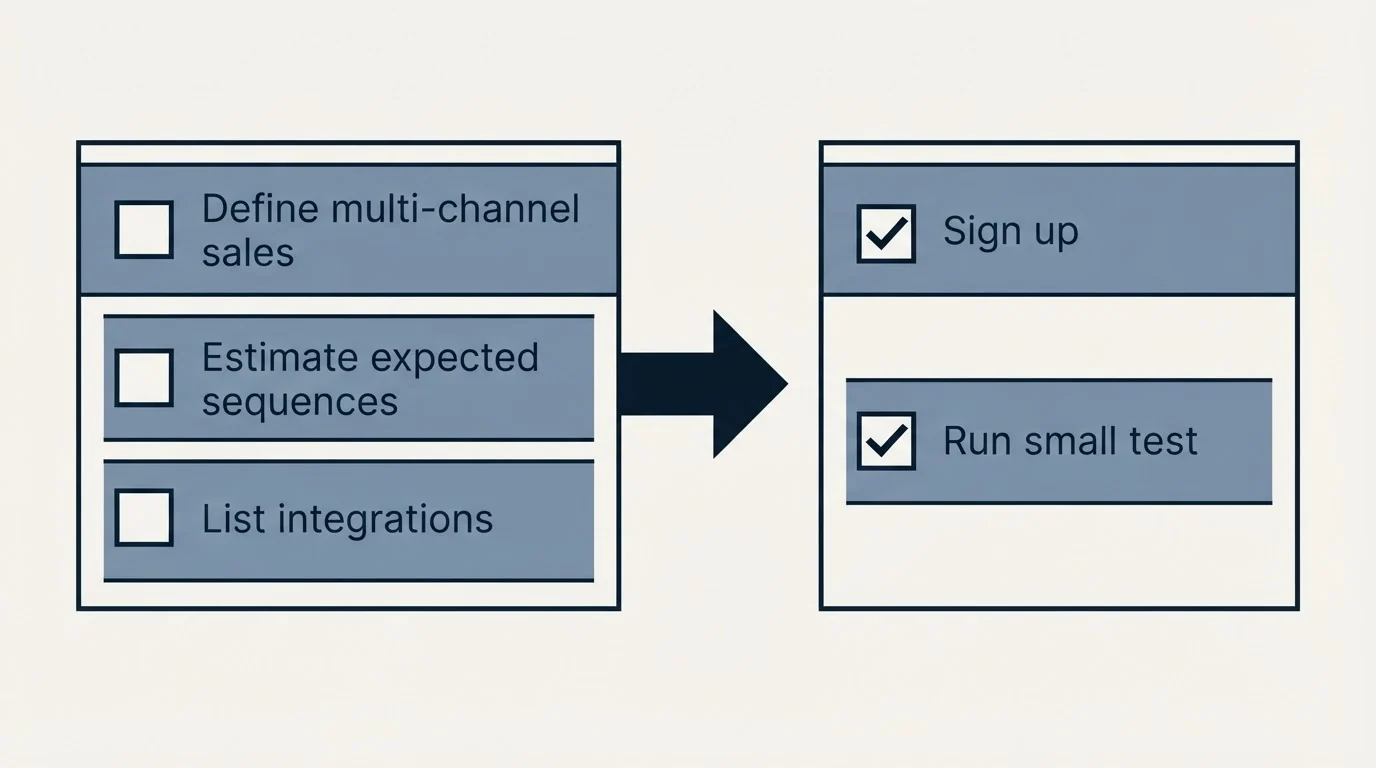 Before-and-after steps: Getting Started Checklist (Define multi-channel sales, Estimate expected sequences, List integrations, Sign up)