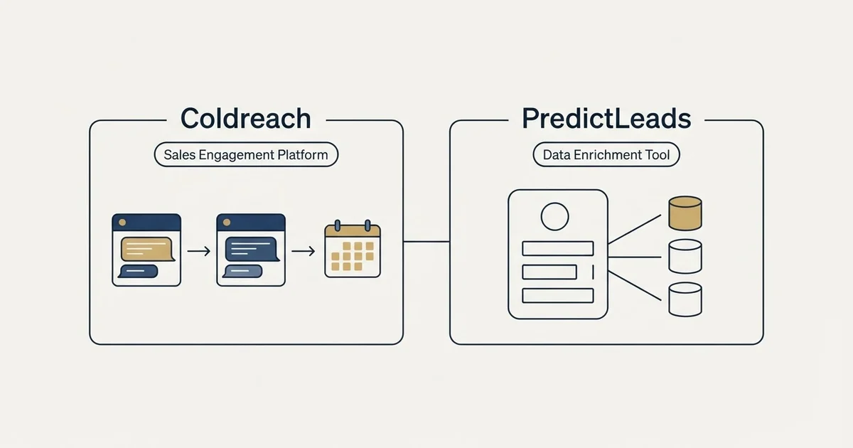 Side-by-side panels: Coldreach vs PredictLeads (Sales Engagement Platform, Data Enrichment Tool)
