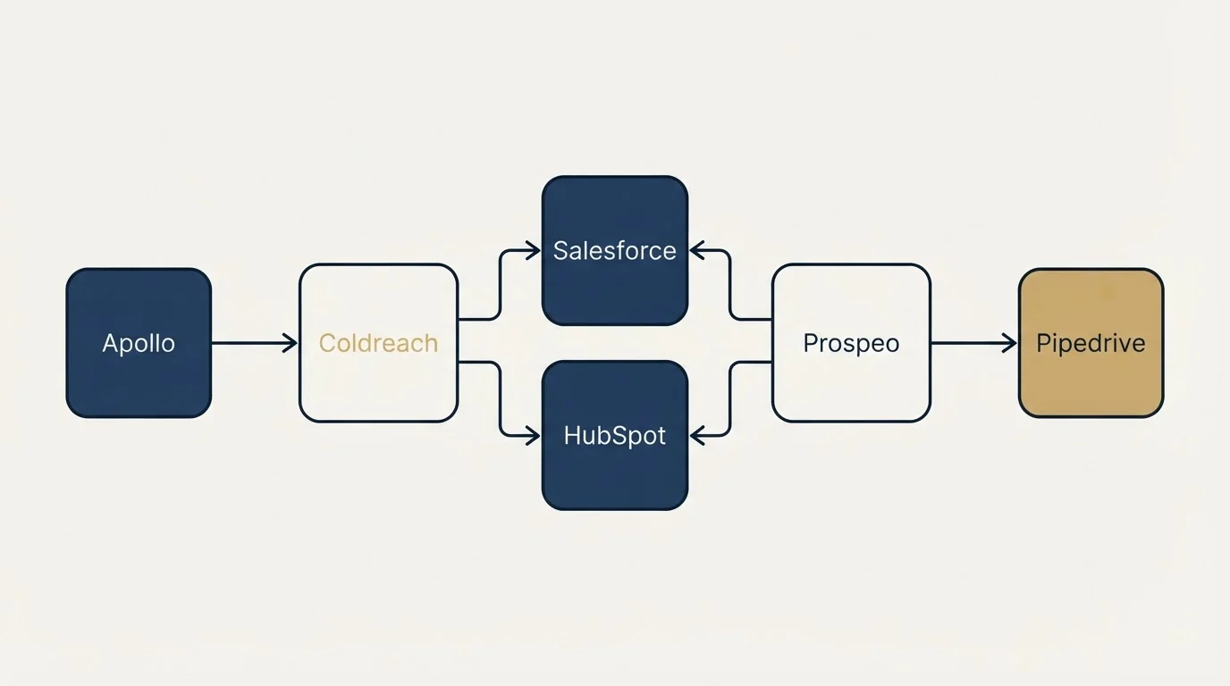 Integration schematic: Integration Ecosystem (Coldreach, Prospeo, Salesforce, HubSpot)