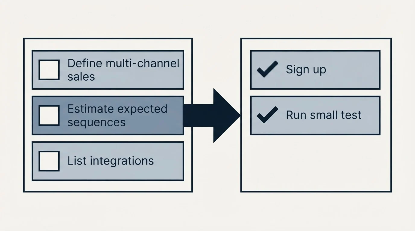 Before-and-after steps: Getting Started Checklist (Define multi-channel sales, Estimate expected sequences, List integrations, Sign up)