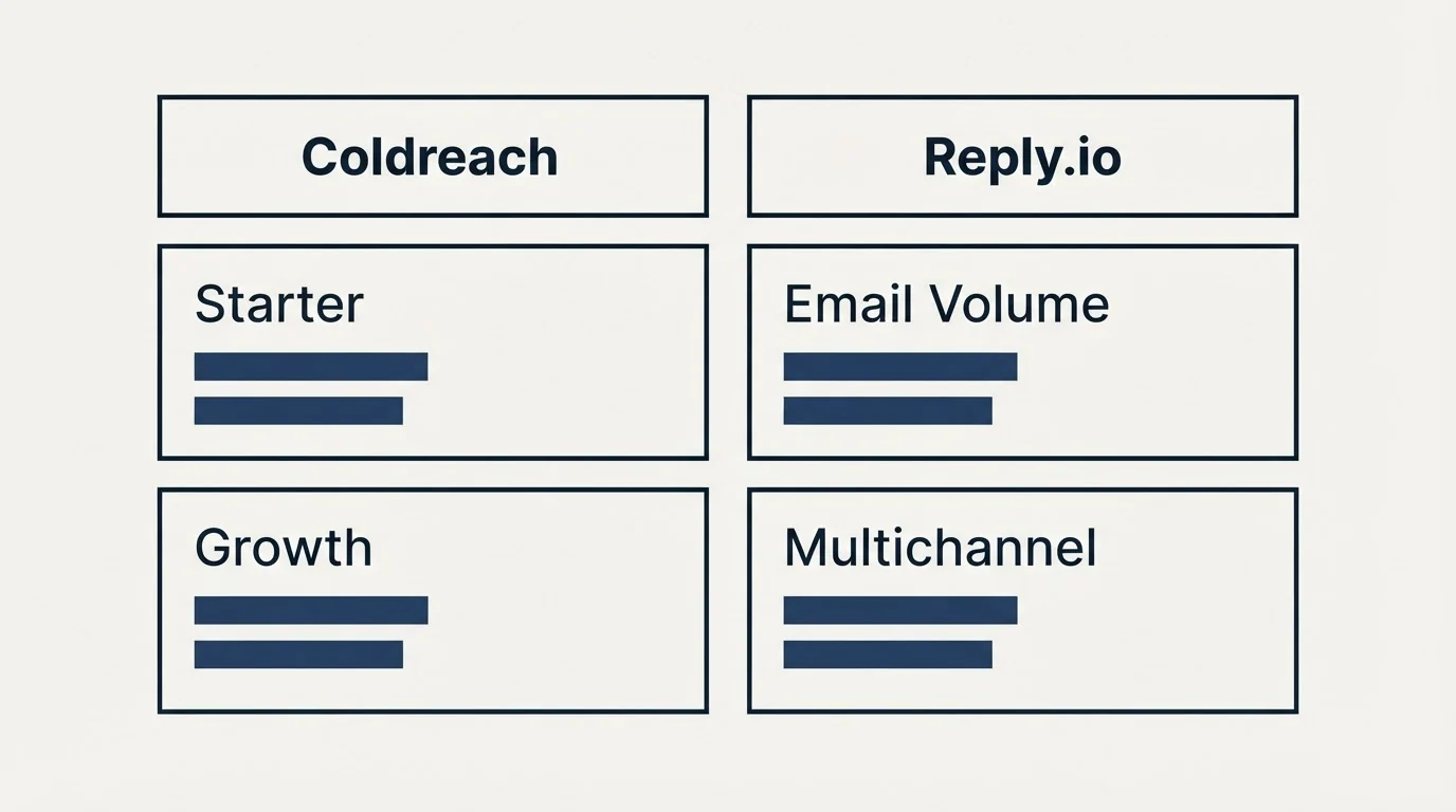 Pricing table: Pricing Comparison (Coldreach, Reply.io, Starter, Email Volume)
