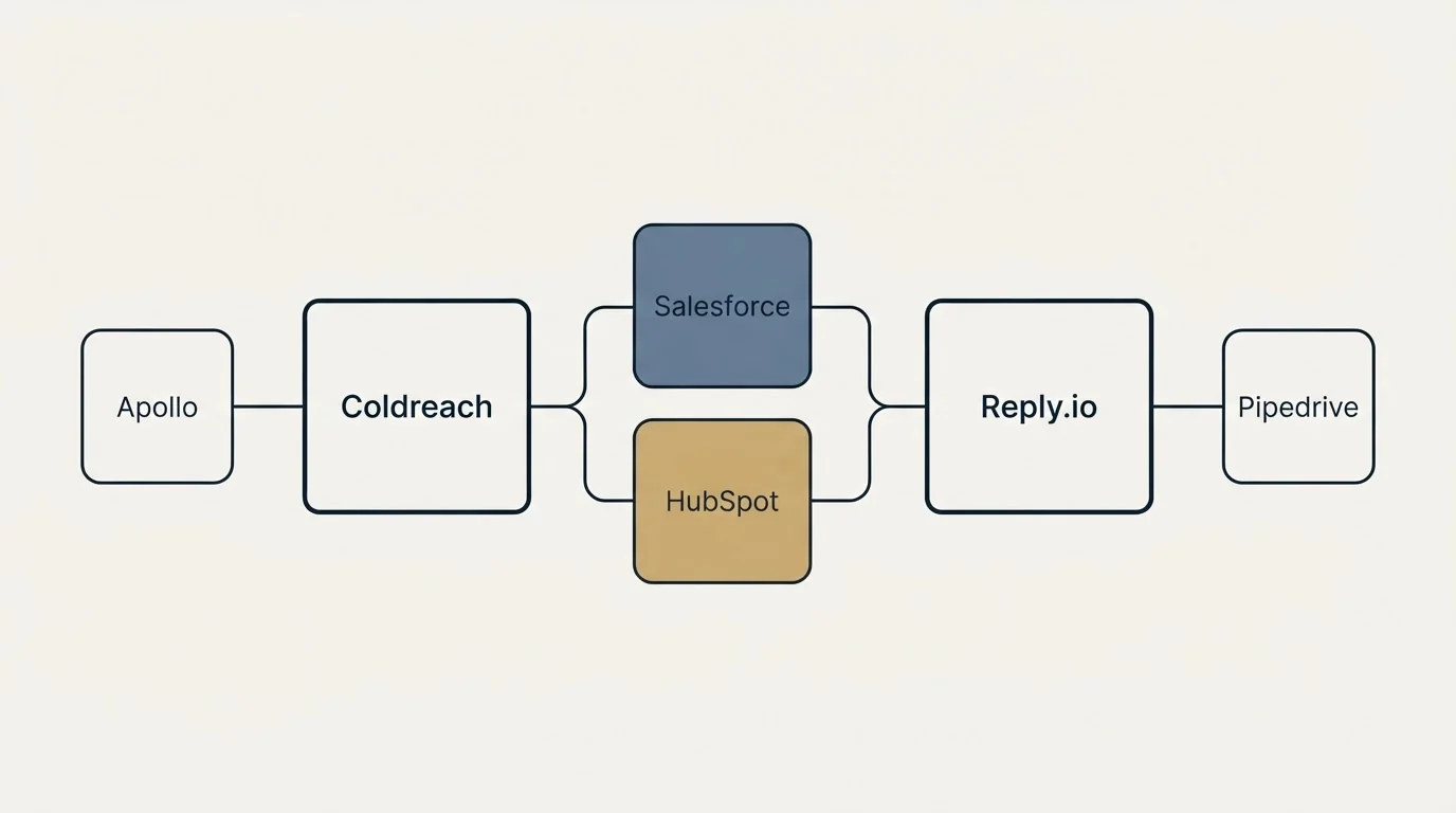 Integration schematic: Integration Ecosystem (Coldreach, Reply.io, Salesforce, HubSpot)