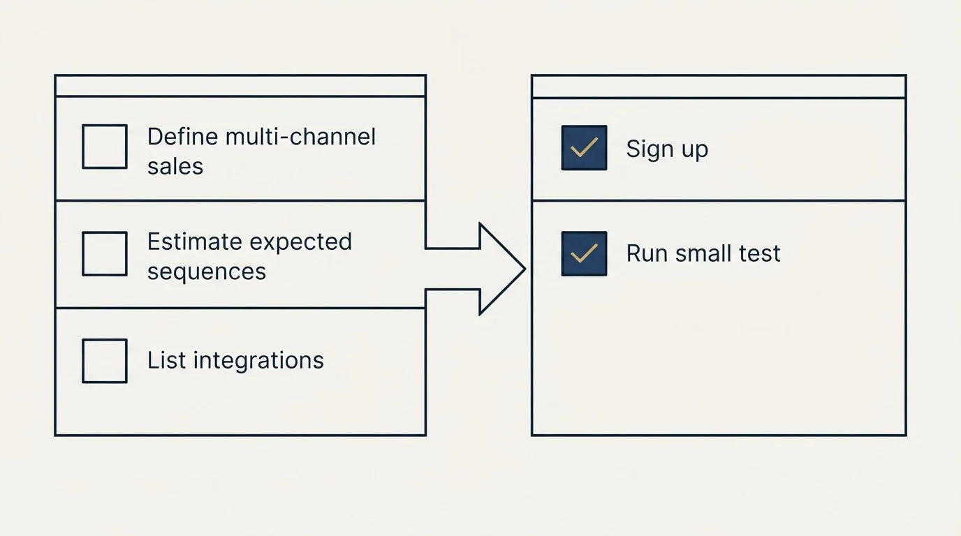 Before-and-after steps: Getting Started Checklist (Define multi-channel sales, Estimate expected sequences, List integrations, Sign up)